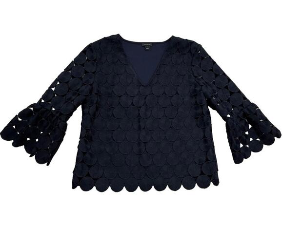 Ann Taylor Tops - Ann Taylor Womens M Navy Blue 3D Circle Applique Blouse Bell Sleeve V Neck Lined